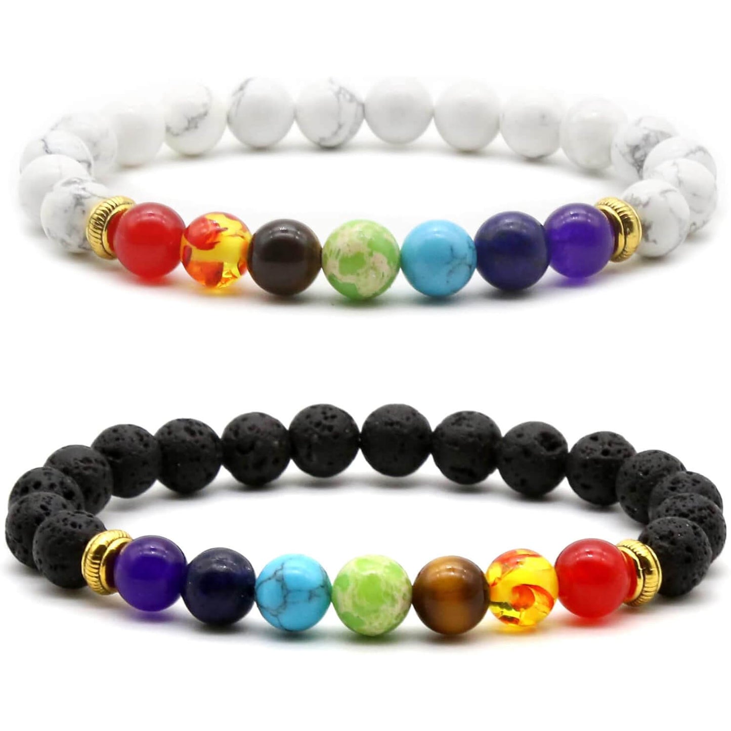Luck Rising 2pcs 7 Chakra Lava Stone Bracelet – Aromatherapy Diffuser Yoga Jewelry for Men & Women – Handmade Beaded Stretch Bracelets