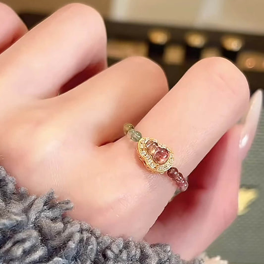 Luck Rising Natural Tourmaline Gourd Ring – Adjustable Elastic Band Crystal Ring for Women – Small-Batch Handmade Gold-Plated Jewelry