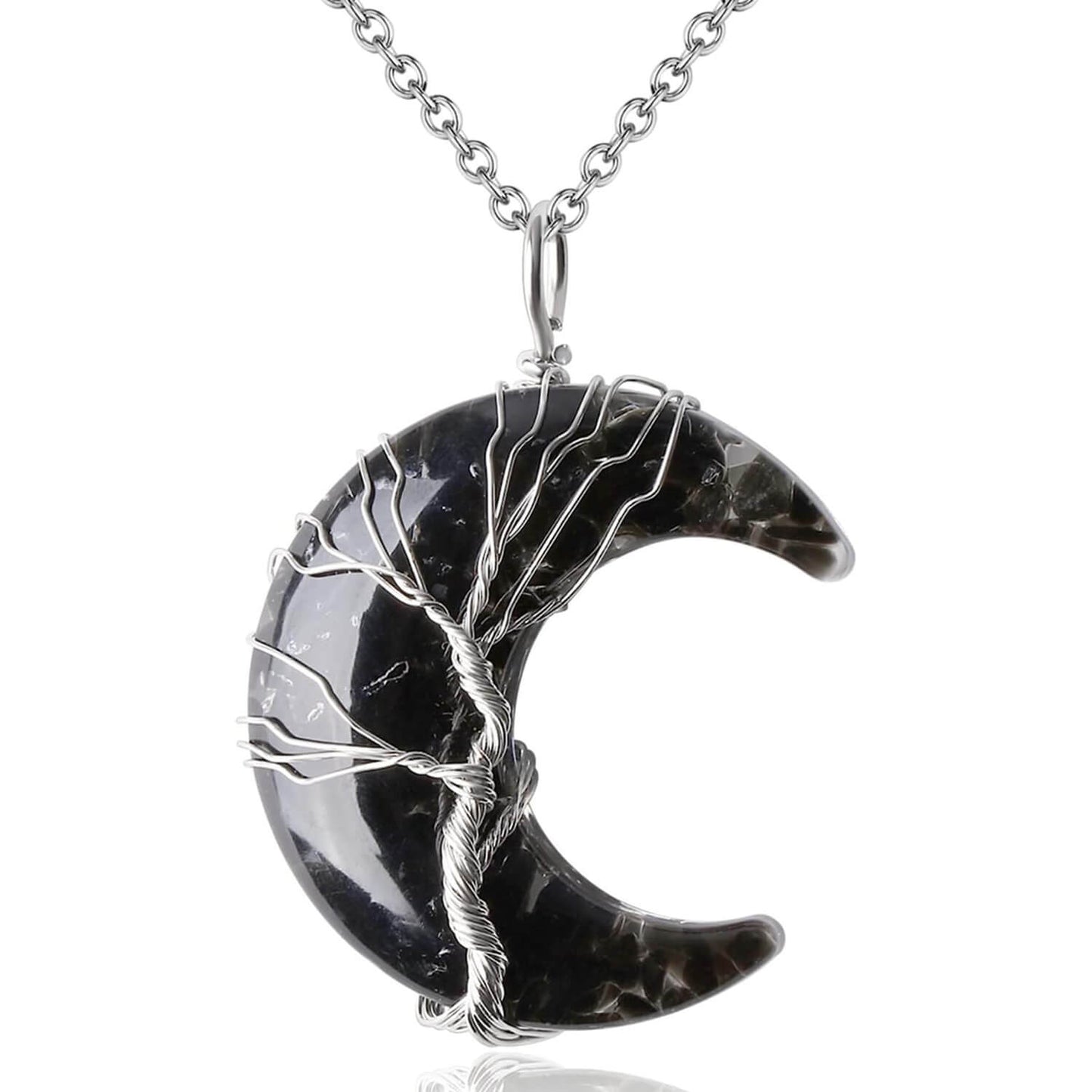 Luck Rising Black Obsidian Crescent Moon Necklace – Tree of Life Wire-Wrapped Pendant – Healing Crystal Protection Jewelry Gift for Women