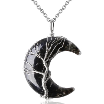 Luck Rising Black Obsidian Crescent Moon Necklace – Tree of Life Wire-Wrapped Pendant – Healing Crystal Protection Jewelry Gift for Women