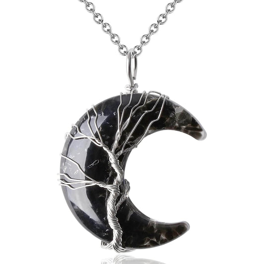 Luck Rising Black Obsidian Crescent Moon Necklace – Tree of Life Wire-Wrapped Pendant – Healing Crystal Protection Jewelry Gift for Women