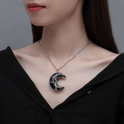 Luck Rising Black Obsidian Crescent Moon Necklace – Tree of Life Wire-Wrapped Pendant – Healing Crystal Protection Jewelry Gift for Women