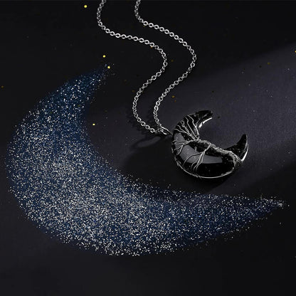 Luck Rising Black Obsidian Crescent Moon Necklace – Tree of Life Wire-Wrapped Pendant – Healing Crystal Protection Jewelry Gift for Women