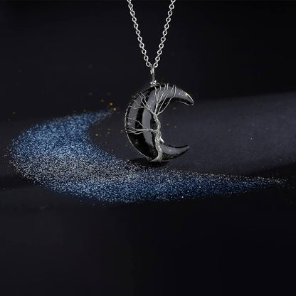 Luck Rising Black Obsidian Crescent Moon Necklace – Tree of Life Wire-Wrapped Pendant – Healing Crystal Protection Jewelry Gift for Women