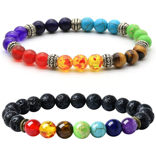 Luck Rising 2pcs 7 Chakra Lava Rock Diffuser Bracelets – Natural Aromatherapy Essential Oil Stretch Bracelet for Men & Women – Yoga Jewelry, Spiritual Healing, Energy Balance
