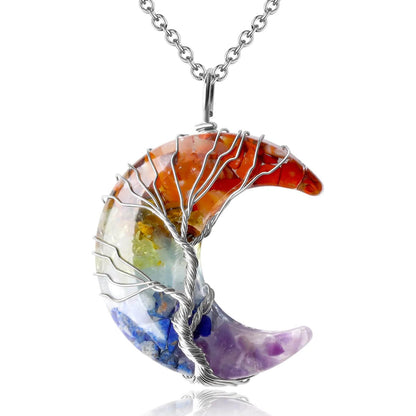Luck Rising Healing Crystal Crescent Moon Necklace – Tree of Life Wire-Wrapped Chakra Pendant – Spiritual Energy Jewelry Gift for Women