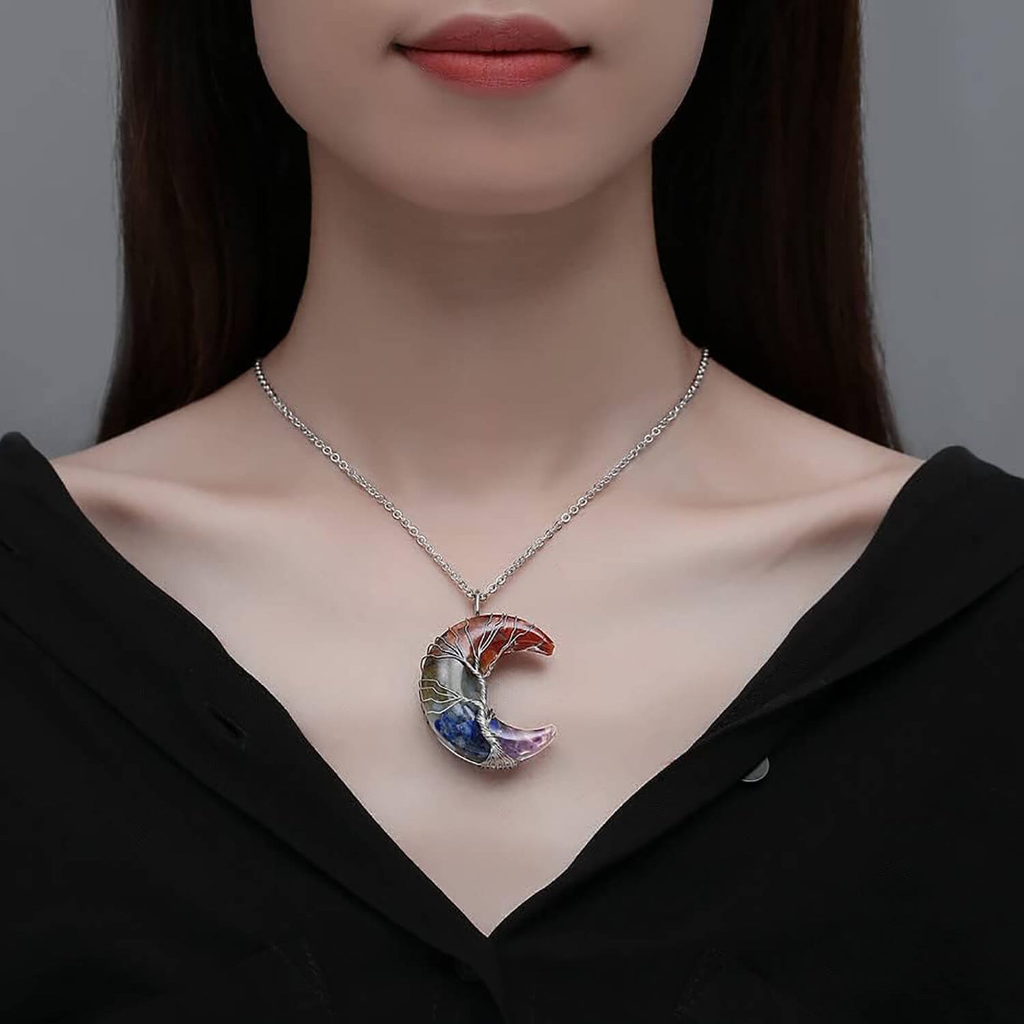 Luck Rising Healing Crystal Crescent Moon Necklace – Tree of Life Wire-Wrapped Chakra Pendant – Spiritual Energy Jewelry Gift for Women