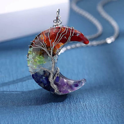 Luck Rising Healing Crystal Crescent Moon Necklace – Tree of Life Wire-Wrapped Chakra Pendant – Spiritual Energy Jewelry Gift for Women