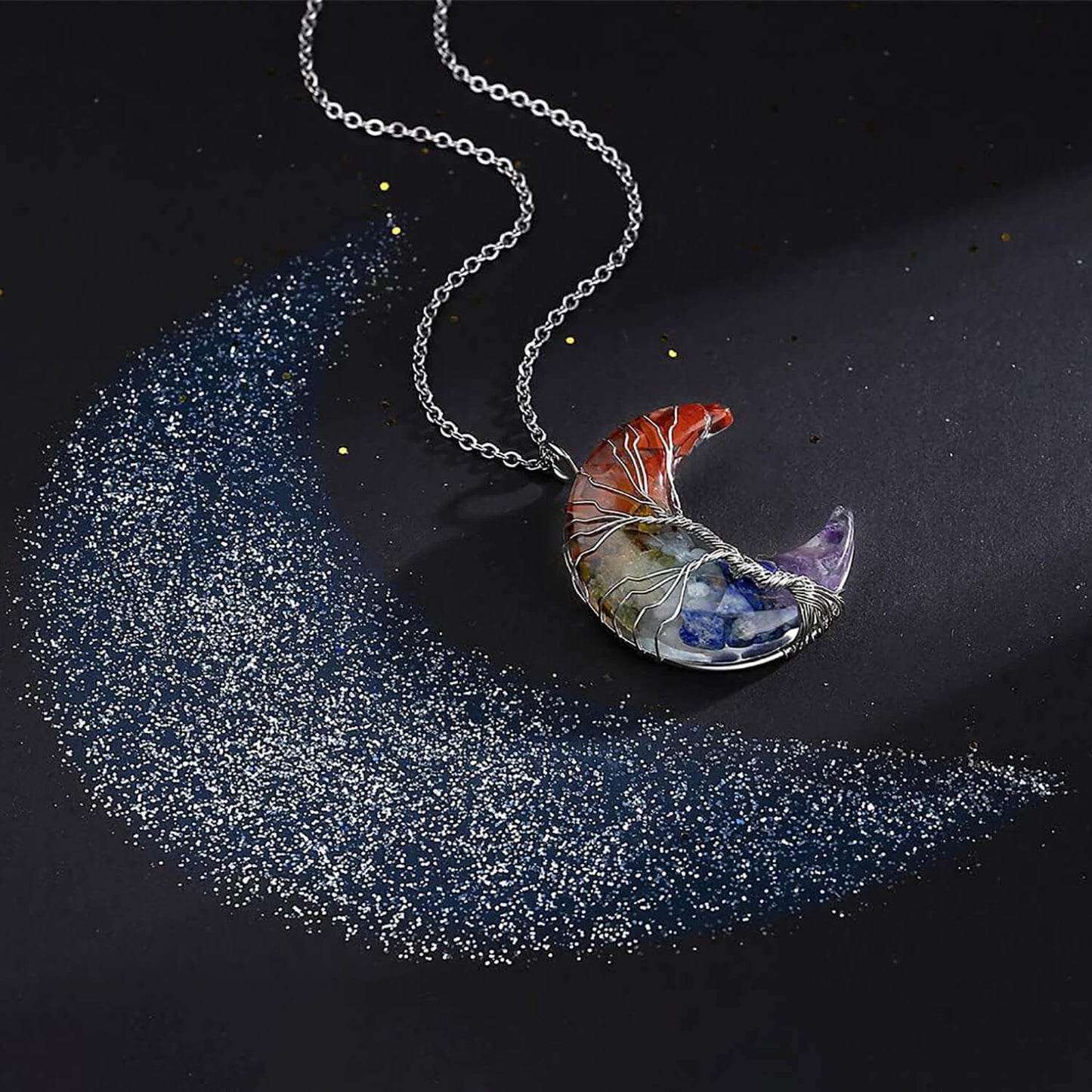 Luck Rising Healing Crystal Crescent Moon Necklace – Tree of Life Wire-Wrapped Chakra Pendant – Spiritual Energy Jewelry Gift for Women