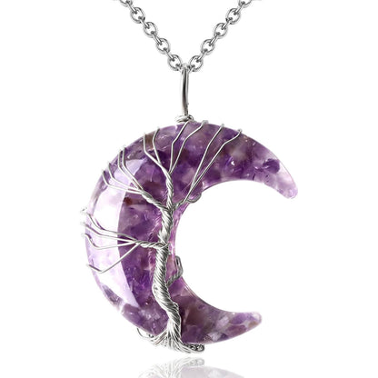 Luck Rising Amethyst Crescent Moon Necklace – Tree of Life Healing Crystal Pendant – Natural Spiritual Jewelry Gift for Women