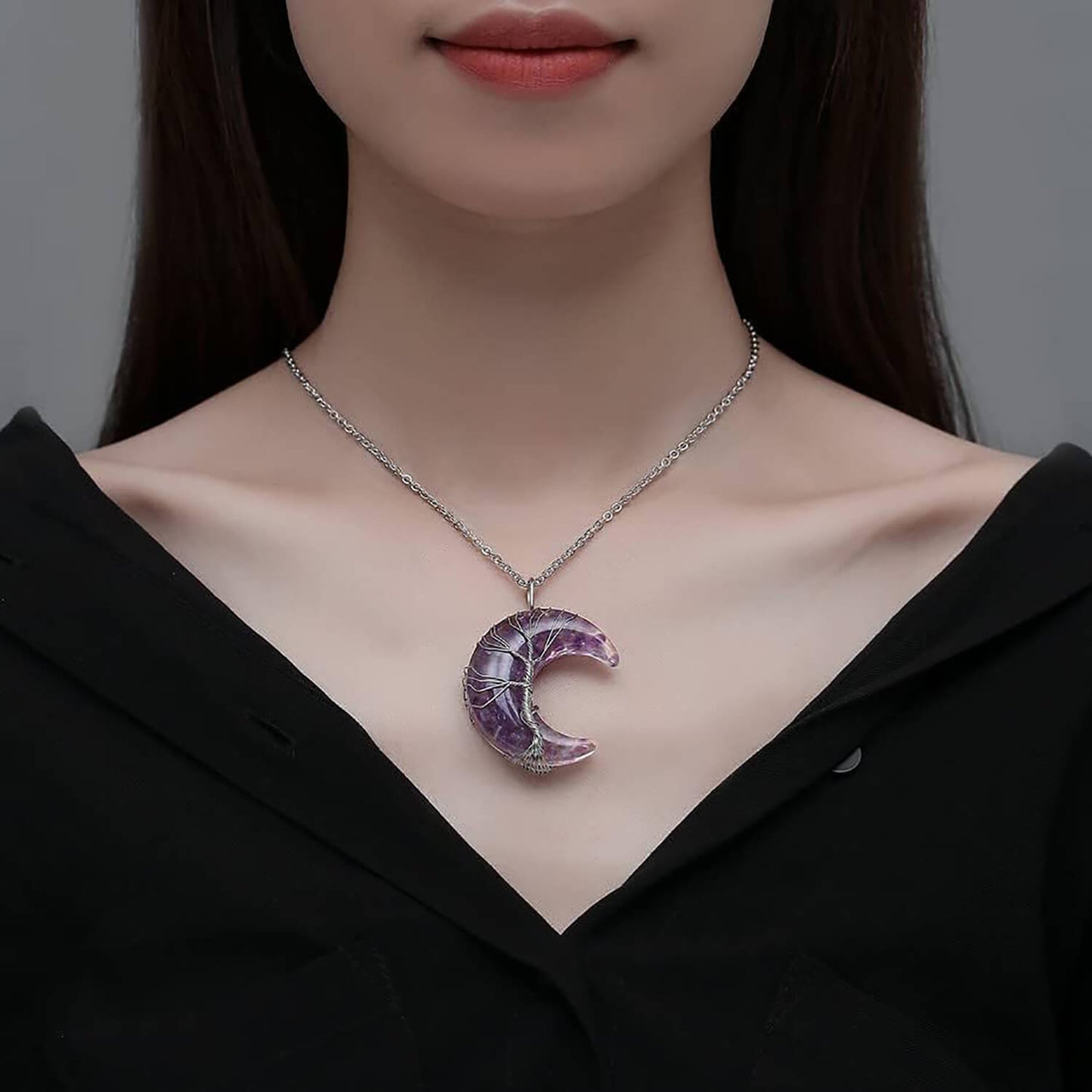 Luck Rising Amethyst Crescent Moon Necklace – Tree of Life Healing Crystal Pendant – Natural Spiritual Jewelry Gift for Women