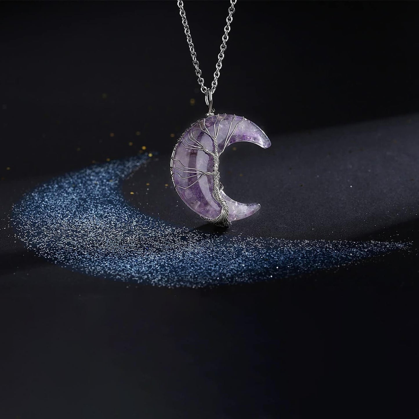 Luck Rising Amethyst Crescent Moon Necklace – Tree of Life Healing Crystal Pendant – Natural Spiritual Jewelry Gift for Women
