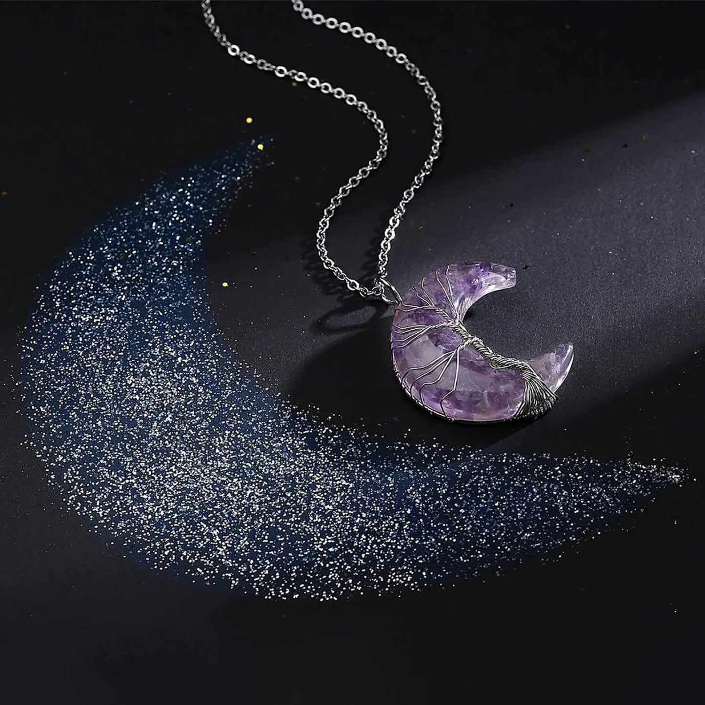 Luck Rising Amethyst Crescent Moon Necklace – Tree of Life Healing Crystal Pendant – Natural Spiritual Jewelry Gift for Women