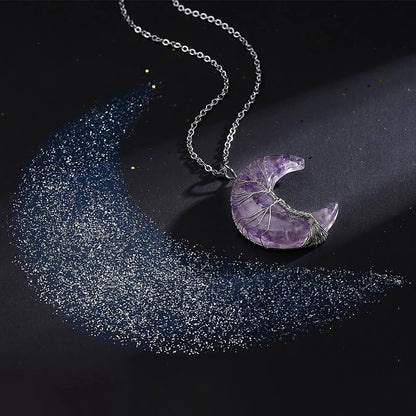 Luck Rising Amethyst Crescent Moon Necklace – Tree of Life Healing Crystal Pendant – Natural Spiritual Jewelry Gift for Women