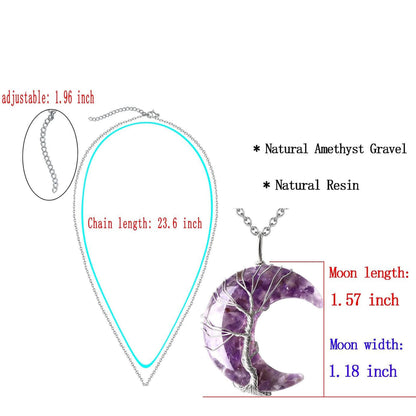 Luck Rising Amethyst Crescent Moon Necklace – Tree of Life Healing Crystal Pendant – Natural Spiritual Jewelry Gift for Women