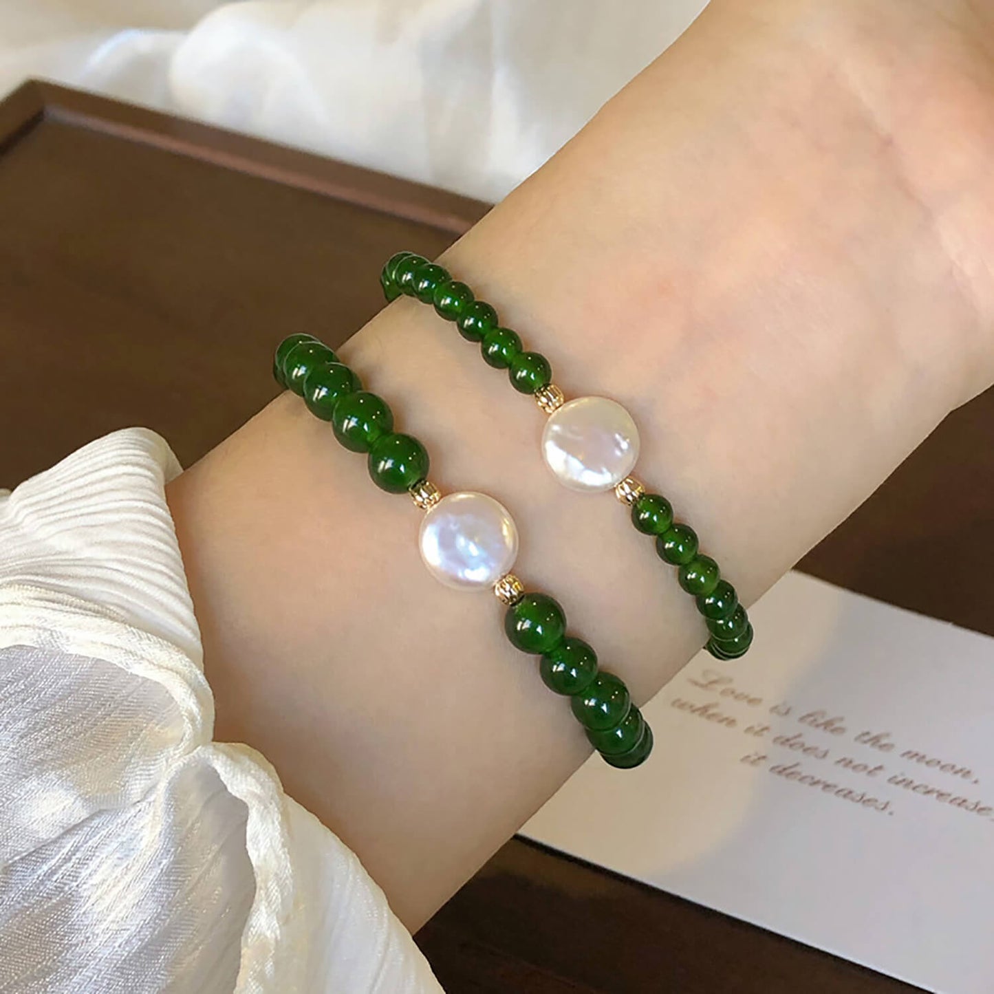 Luck Rising Natural Green Agate & Pearl Bracelet – Handmade Chinese-Inspired Beaded Jewelry for Women – 6mm / 8mm Beads, 17.5cm Length
