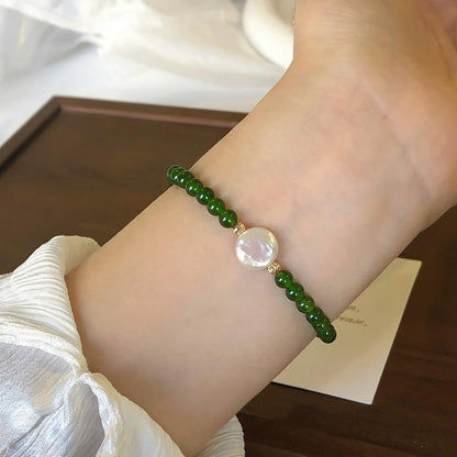 Luck Rising Natural Green Agate & Pearl Bracelet – Handmade Chinese-Inspired Beaded Jewelry for Women – 6mm / 8mm Beads, 17.5cm Length
