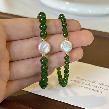Luck Rising Natural Green Agate & Pearl Bracelet – Handmade Chinese-Inspired Beaded Jewelry for Women – 6mm / 8mm Beads, 17.5cm Length