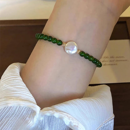 Luck Rising Natural Green Agate & Pearl Bracelet – Handmade Chinese-Inspired Beaded Jewelry for Women – 6mm / 8mm Beads, 17.5cm Length