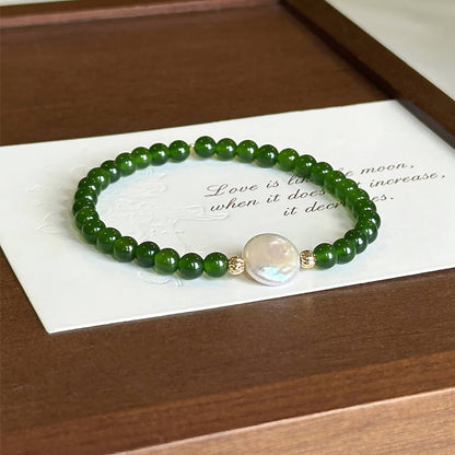 Luck Rising Natural Green Agate & Pearl Bracelet – Handmade Chinese-Inspired Beaded Jewelry for Women – 6mm / 8mm Beads, 17.5cm Length