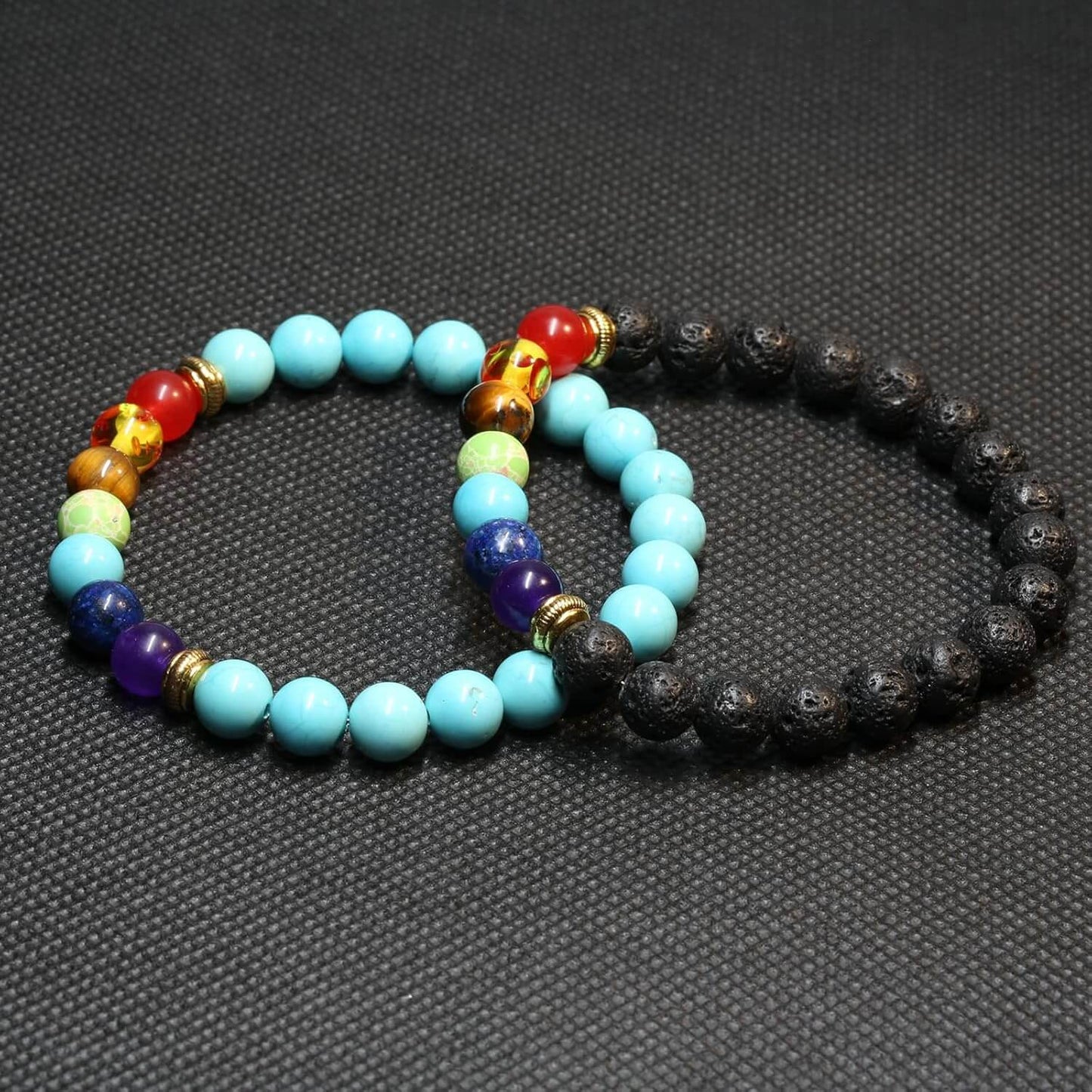 Luck Rising 2pcs 7 Chakra Bracelet Set – Lava Rock & Tiger Eye Energy Beads – Aromatherapy Essential Oil Diffuser Yoga Bracelet for Men & Women